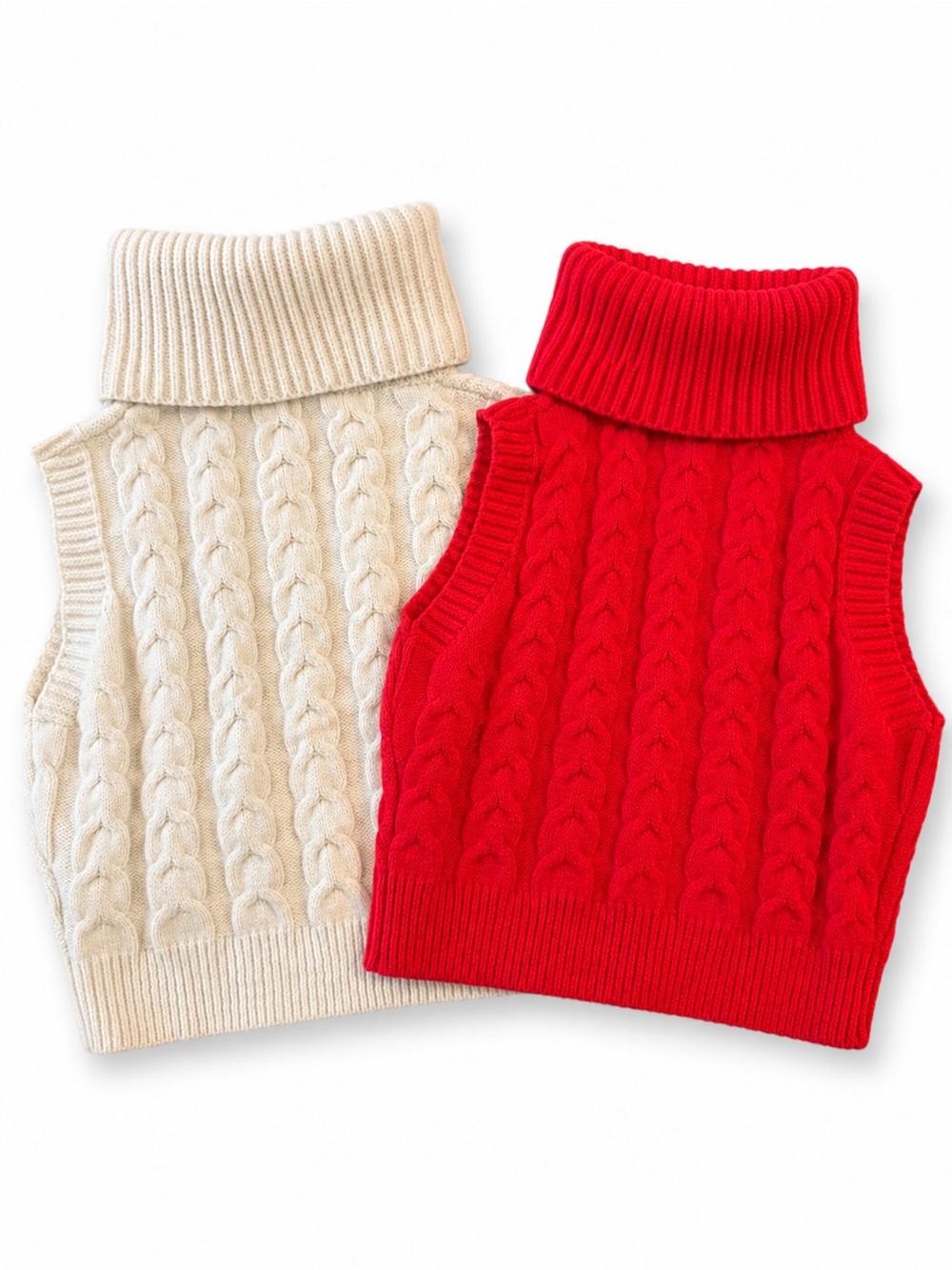 Cider Cable Knit Sleeveless Turtleneck Sweater Vest Set of 2 Red Cream